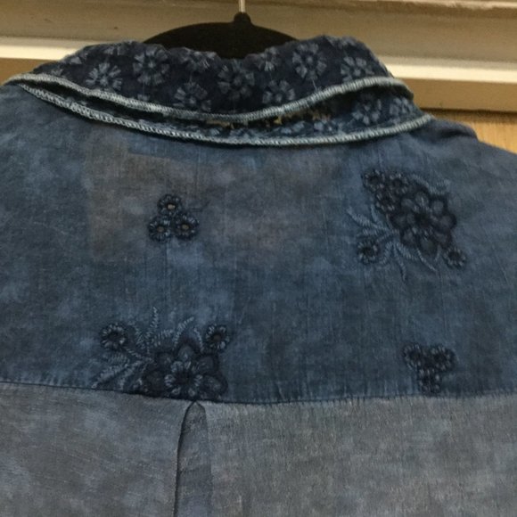 Minkas multi media button front long blouse blue with layers and embroidery - Picture 6 of 8